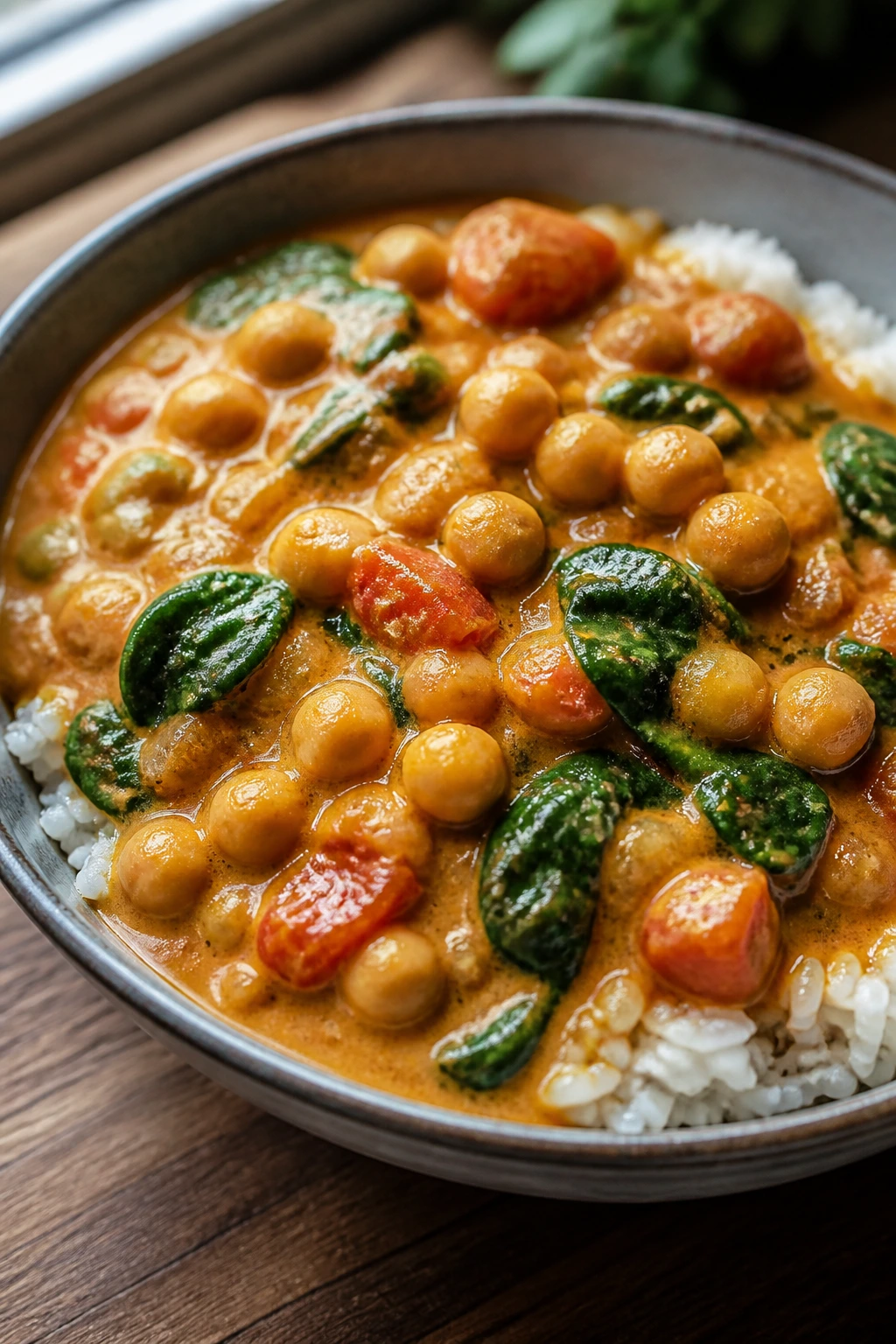 Close-up of coconut chickpea curry in a bowl with rice