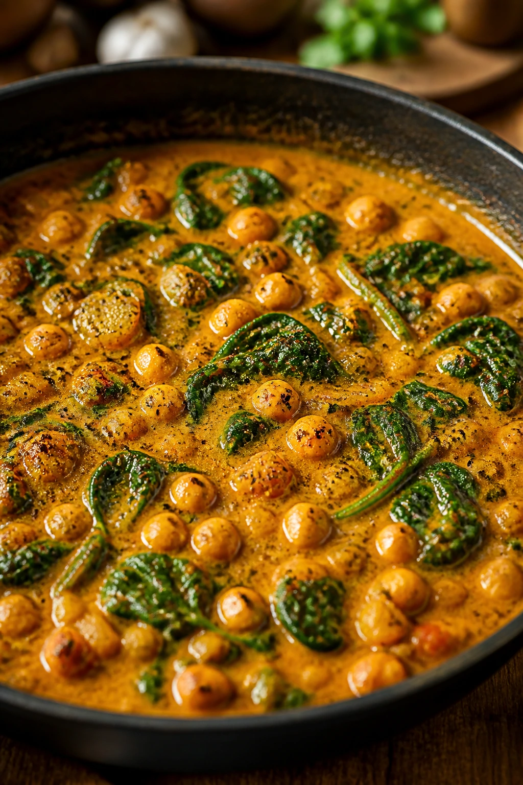 Close-up of rich coconut curry with chickpeas in a skillet, spices blooming in oil.