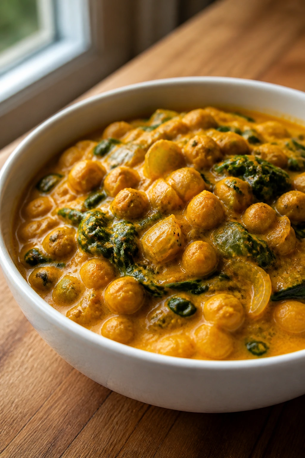 Creamy coconut curry with chickpeas in a white bowl
