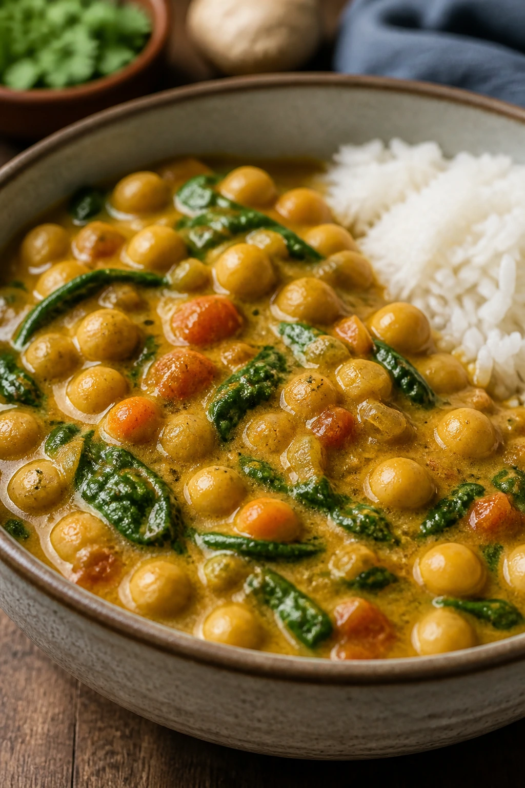 Close-up of coconut chickpea curry with rice in a bowl, warm lighting
