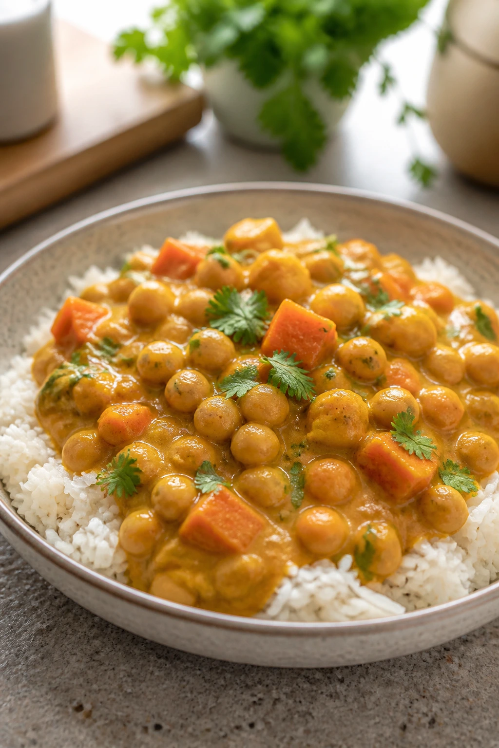Coconut chickpea curry over rice in a bowl