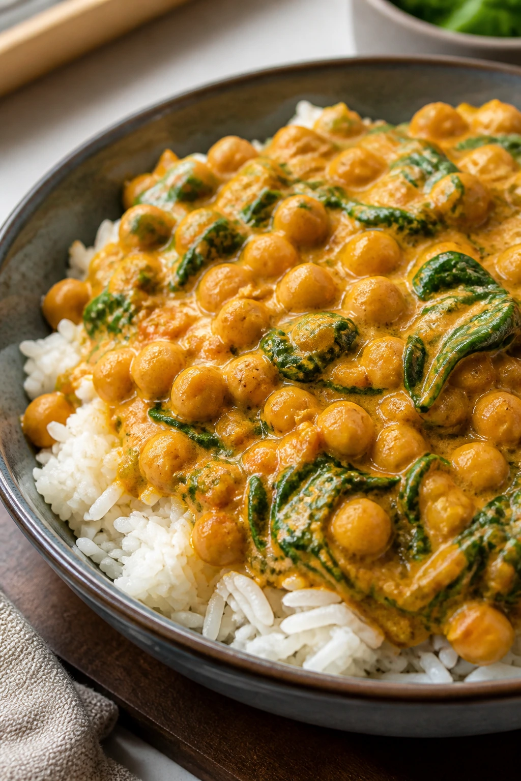 Close-up of creamy coconut curry chickpeas over rice in a ceramic bowl on a warm kitchen counter