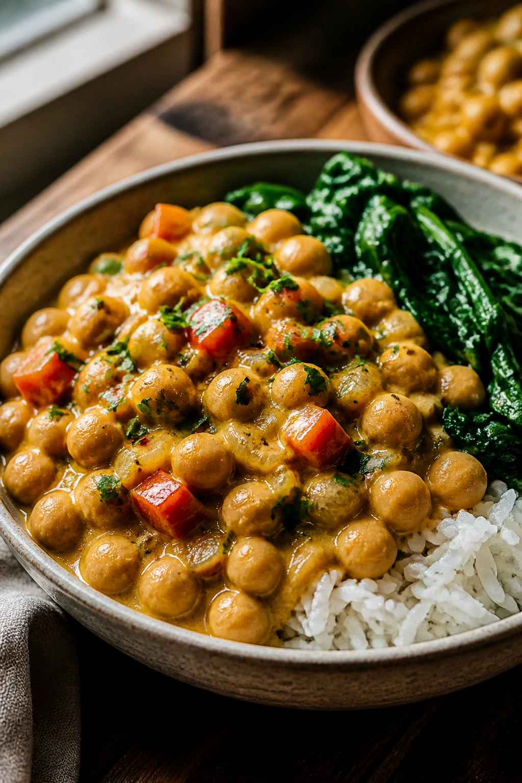 Close-up of coconut curry chickpea rice bowl with jasmine rice and spinach in warm kitchen light