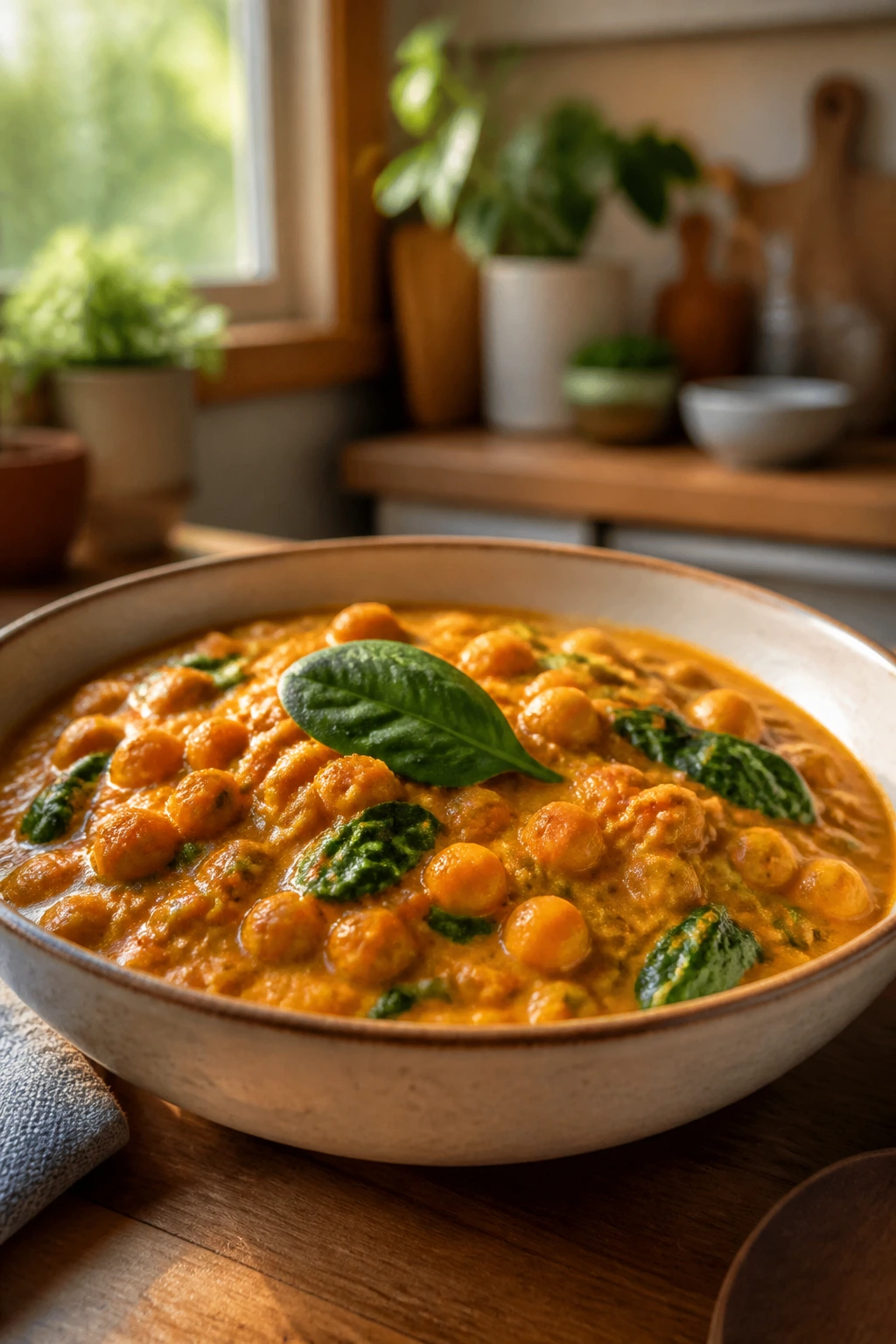 Close-up of creamy coconut chickpea curry in a bowl with spinach and chickpeas