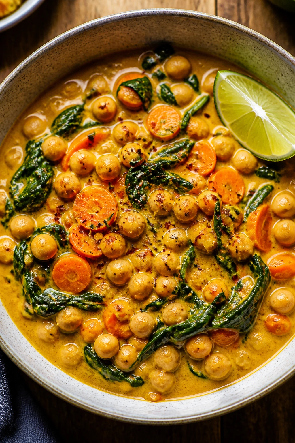 Close-up of coconut curry chickpeas in a bowl