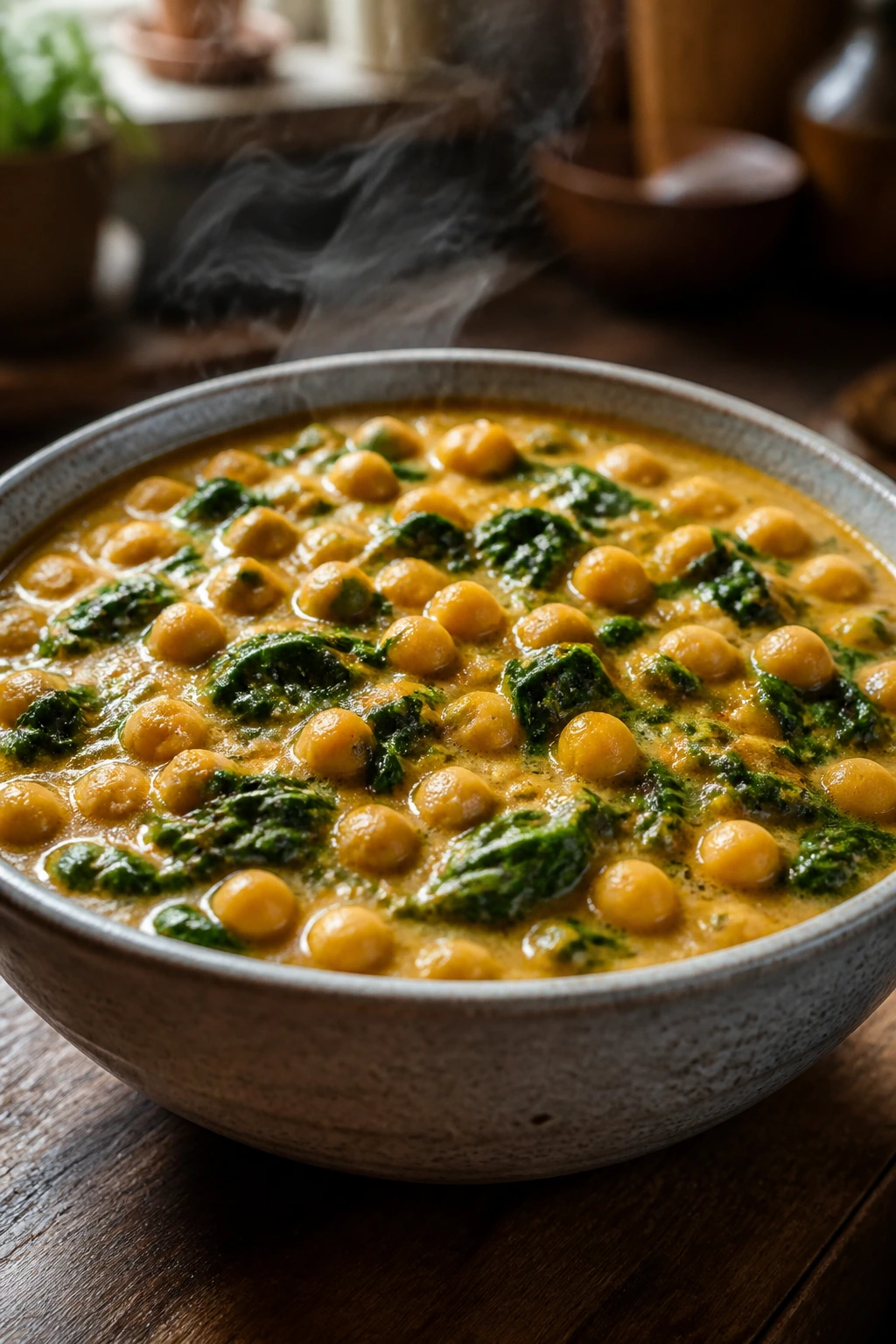 Bowl of coconut curry chickpea spinach stew with creamy curry and greens