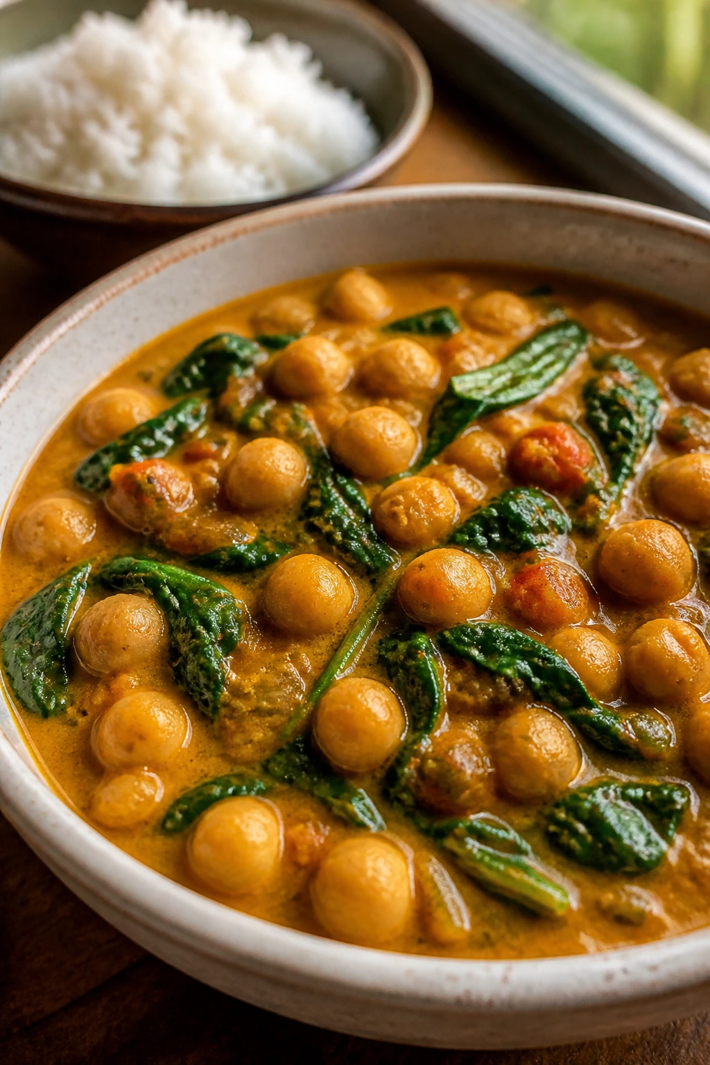 Bowl of coconut curry with chickpeas and spinach