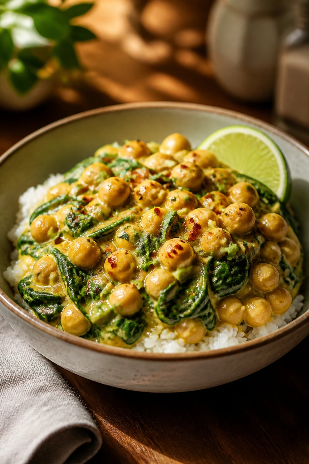 Close-up of coconut curry chickpeas spinach rice bowl