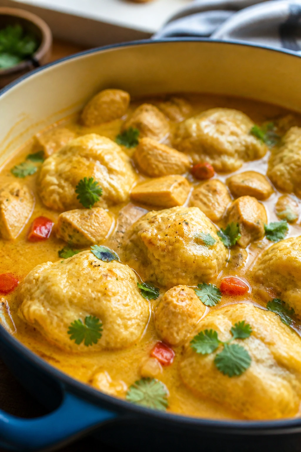 Coconut curry chicken dumplings in a bright curry broth
