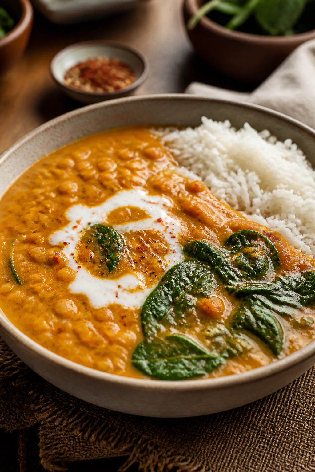 Close-up of Coconut Curry Lentil Soup with Rice in a cozy kitchen