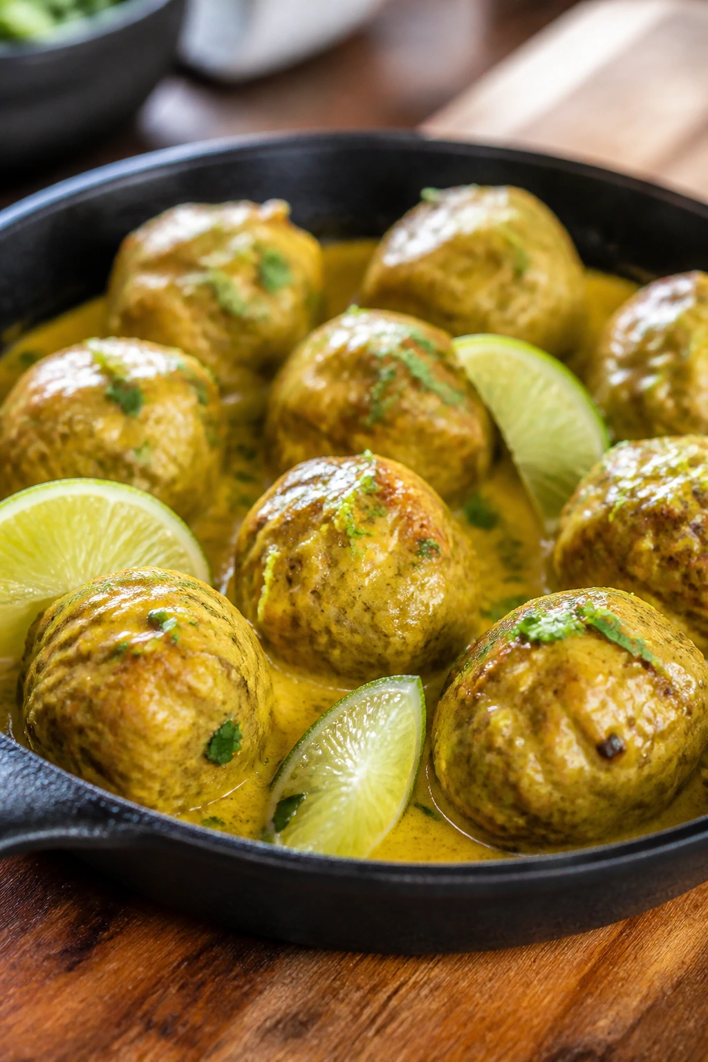 Close-up of meatballs with coconut curry lime glaze