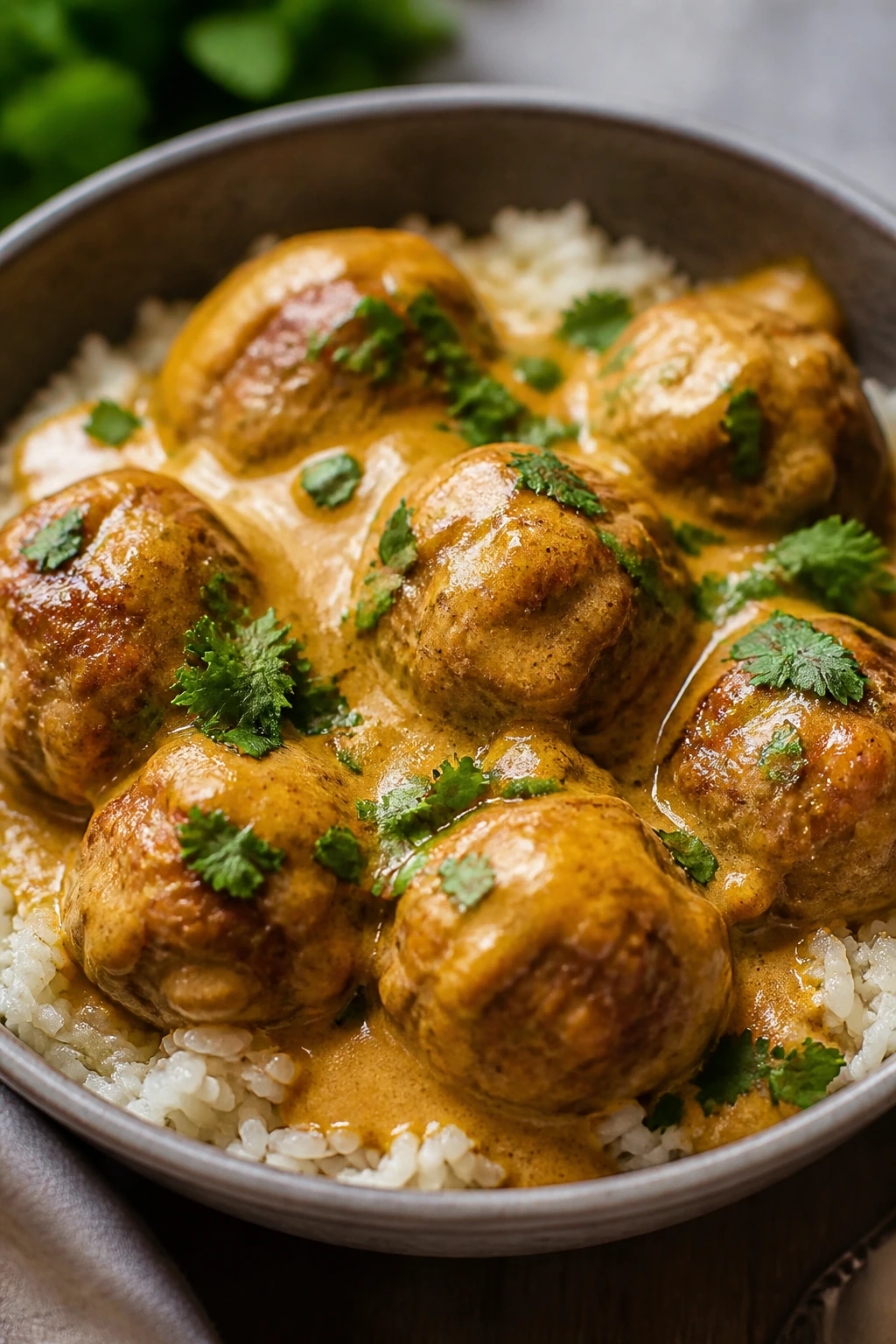 Meatballs in coconut curry sauce over rice in a bowl