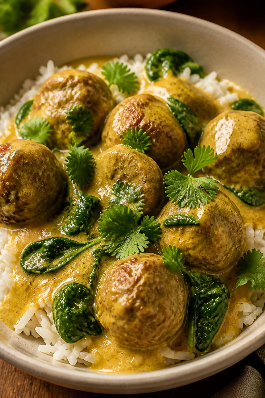 Meatballs in coconut curry over basmati rice