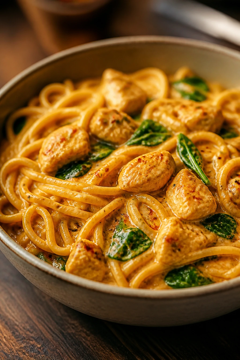 Creamy coconut curry noodles with spinach and protein in a bowl