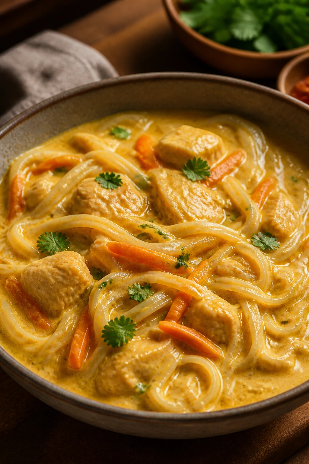Close-up of mild coconut curry noodles in a bowl.