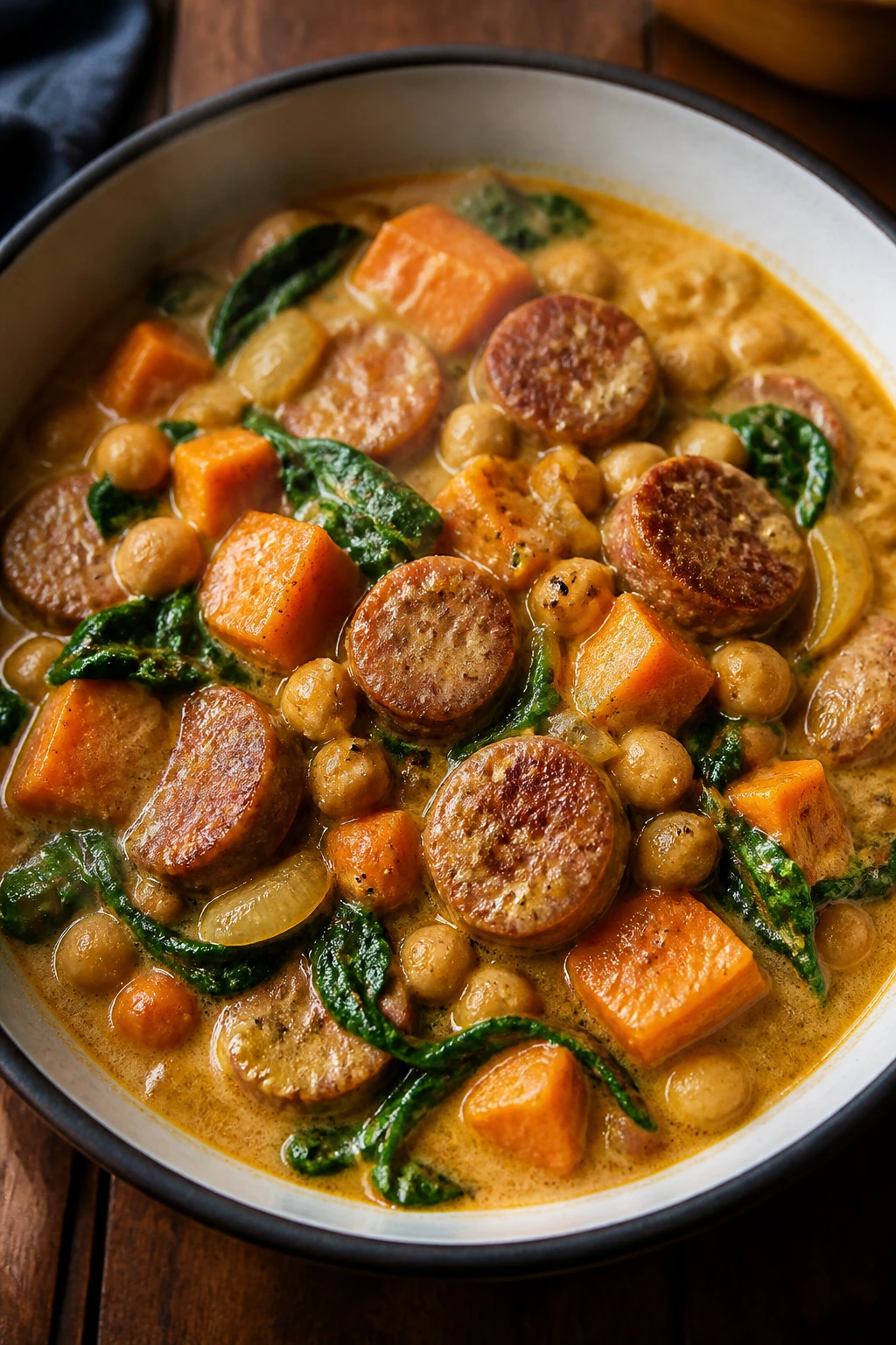 Creamy beef sausage coconut curry in a bowl with vegetables