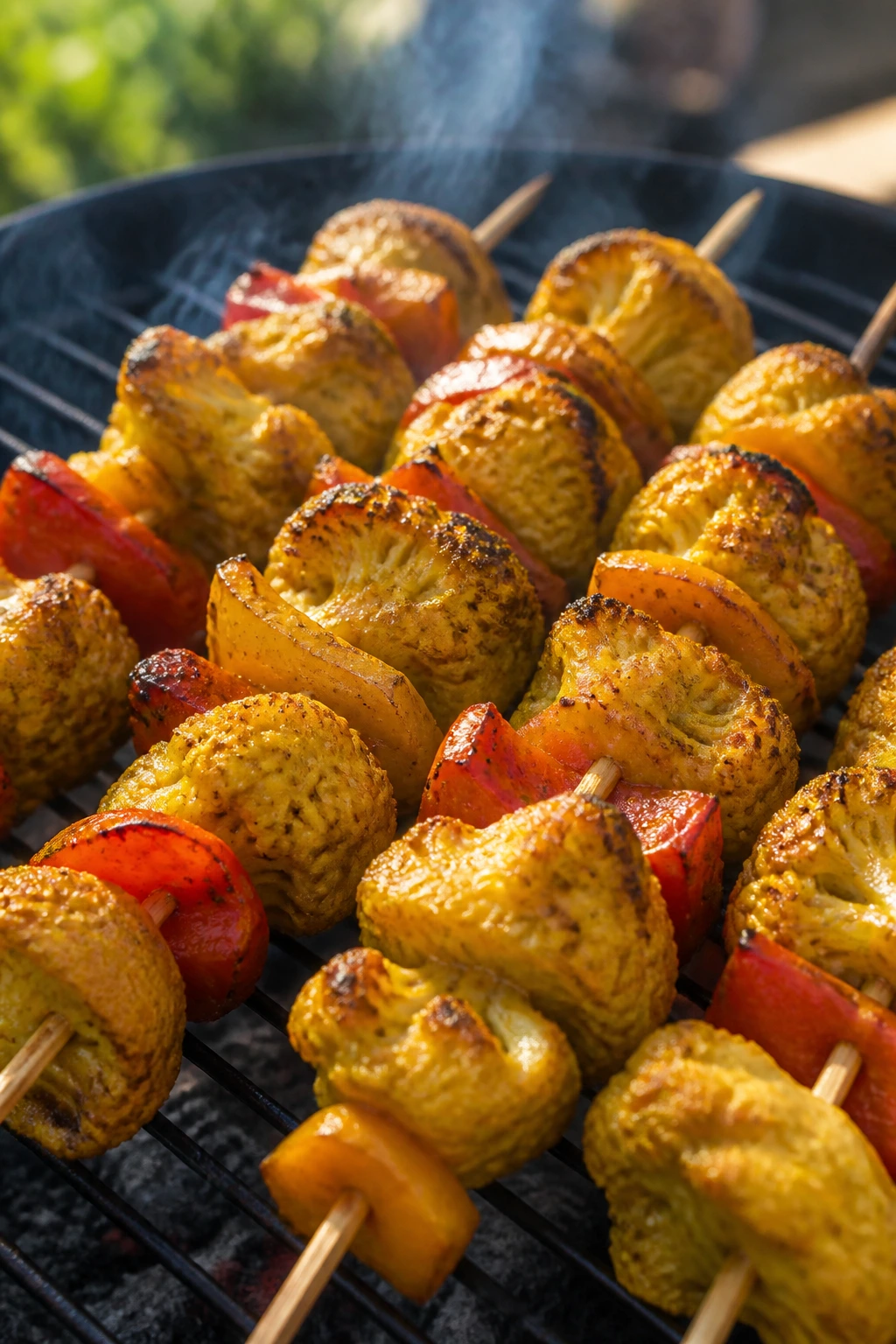 Close-up of coconut curry glazed cauliflower and peppers on skewers over a grill