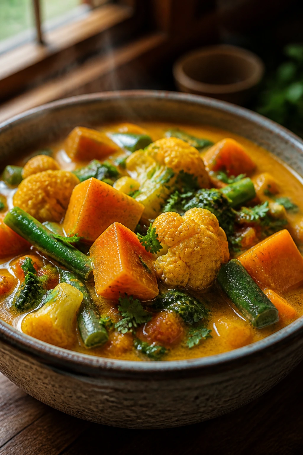 Close-up of coconut curry vegetable stew in a rustic bowl with sweet potato, cauliflower, and green beans