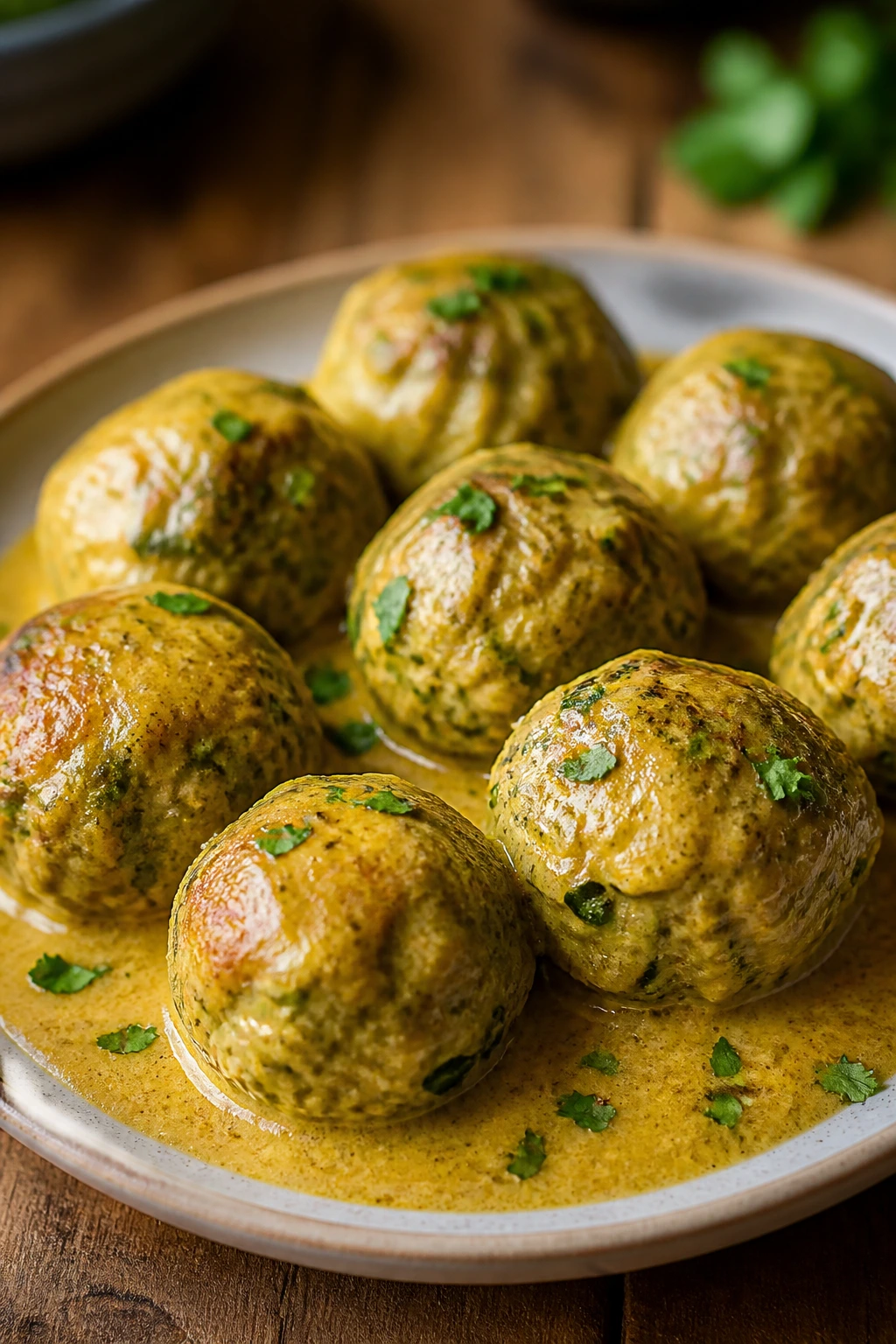 Meatball in coconut curry sauce with zucchini flecks on plate