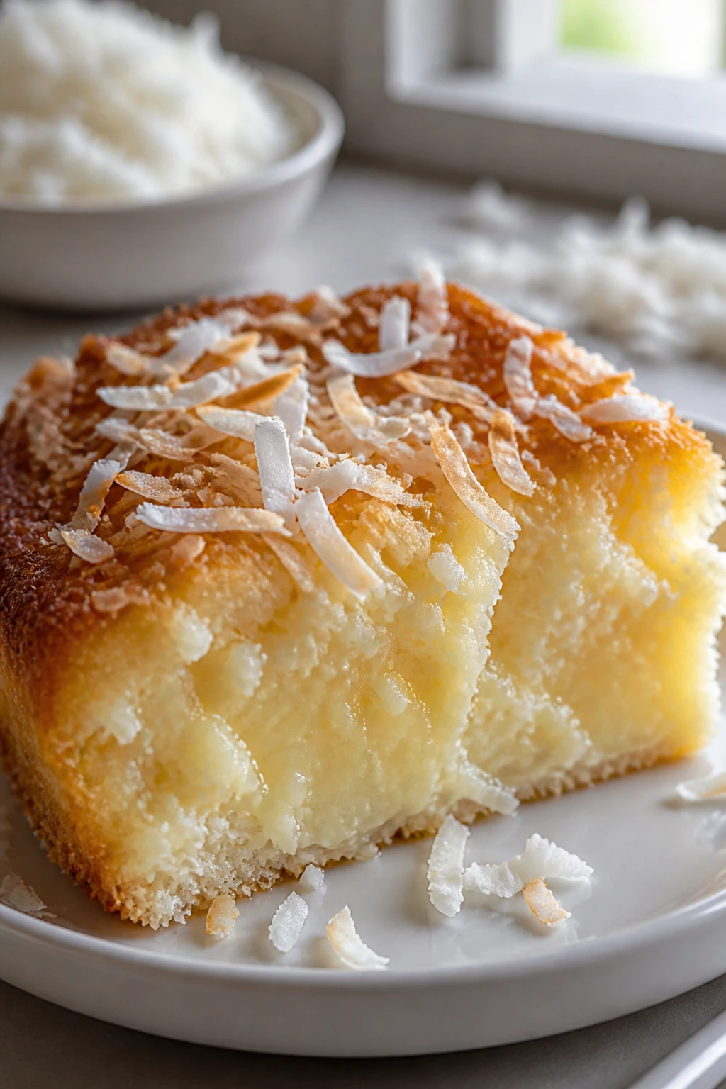 Close-up of Slow Cooker Coconut Custard Cake slice with shredded coconut on top in a bright kitchen.
