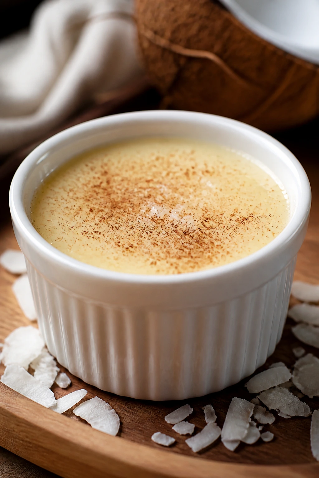 Ramekin of coconut custard with nutmeg