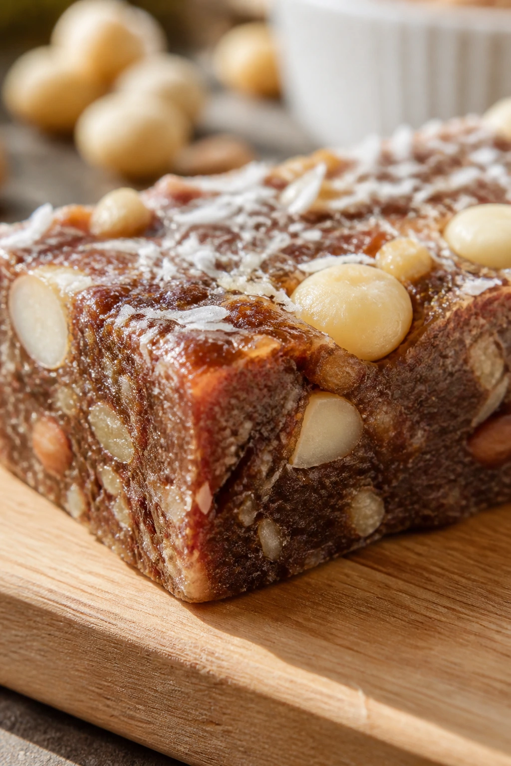 Close-up of coconut date macadamia protein bar with nuts and coconut
