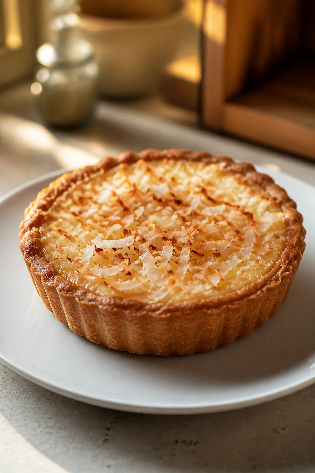 Close-up of a coconut custard tart on a plate in a warm evening kitchen
