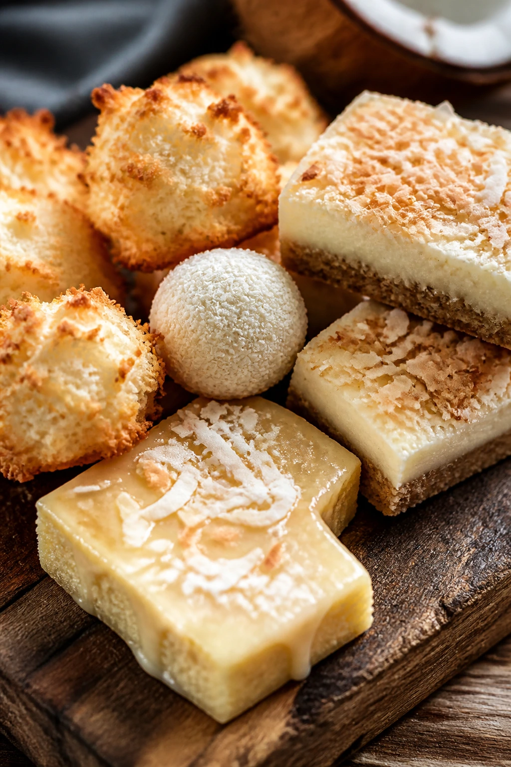 Close-up of coconut desserts on a wooden board, showcasing coconut treats