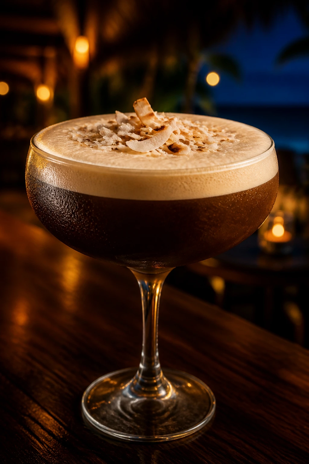 Close-up of Coconut Espresso Martini in a coupe at a dim beach bar