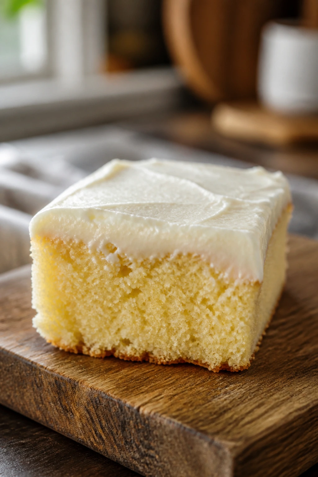 Slice of coconut flour vanilla sheet cake with light frosting