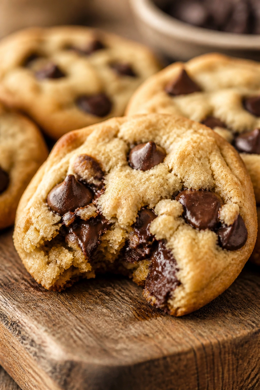 Close-up of a coconut flour chocolate chip cookie on wooden board
