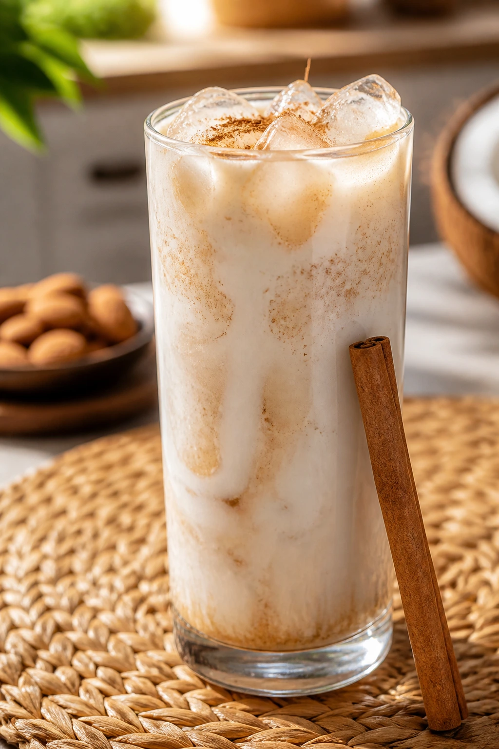 Creamy coconut almond horchata in a glass with cinnamon on top and a cinnamon stick on a sunny table