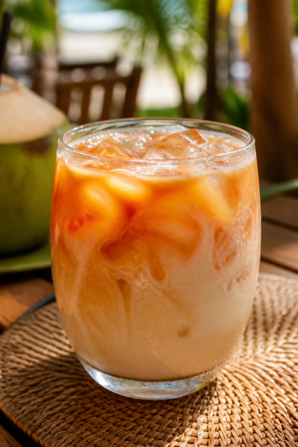 Close-up of coconut cold-brew iced tea with crema on a tropical table