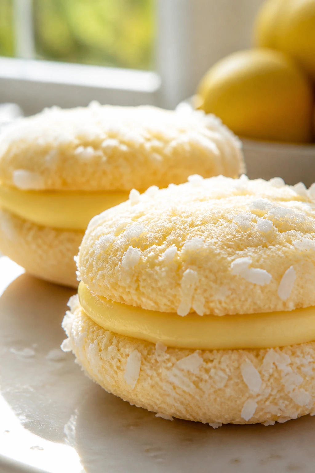 Close-up of coconut lemon sandwich cookies with coconut flakes and lemon filling