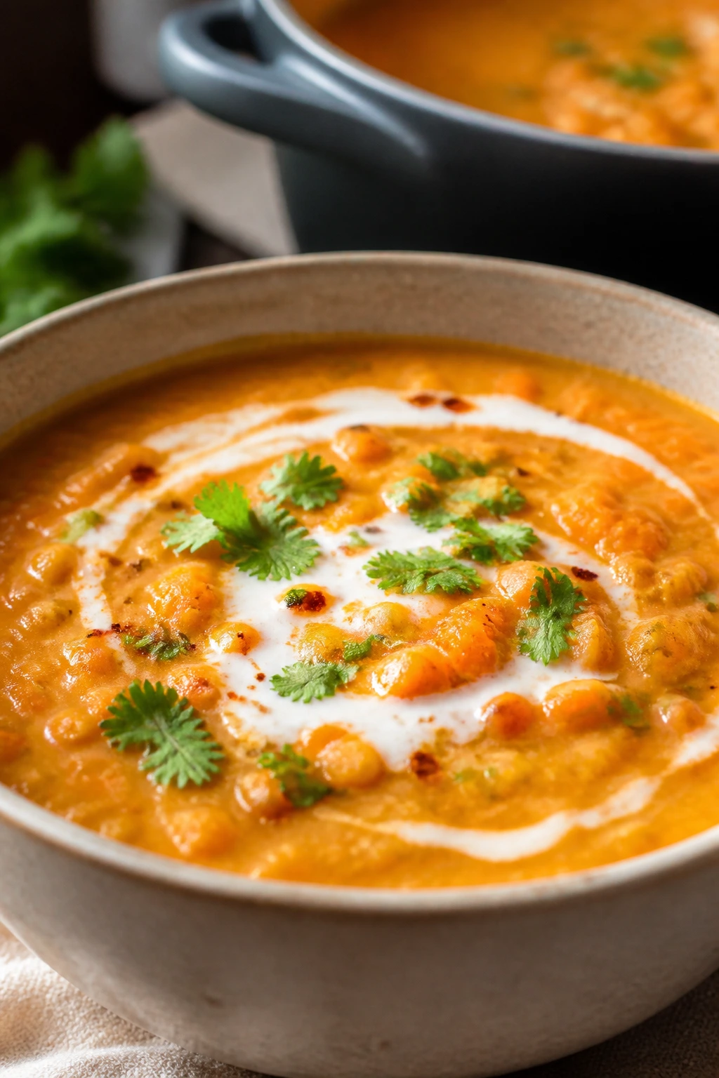 Close-up of coconut curry red lentil soup in a vibrant bowl