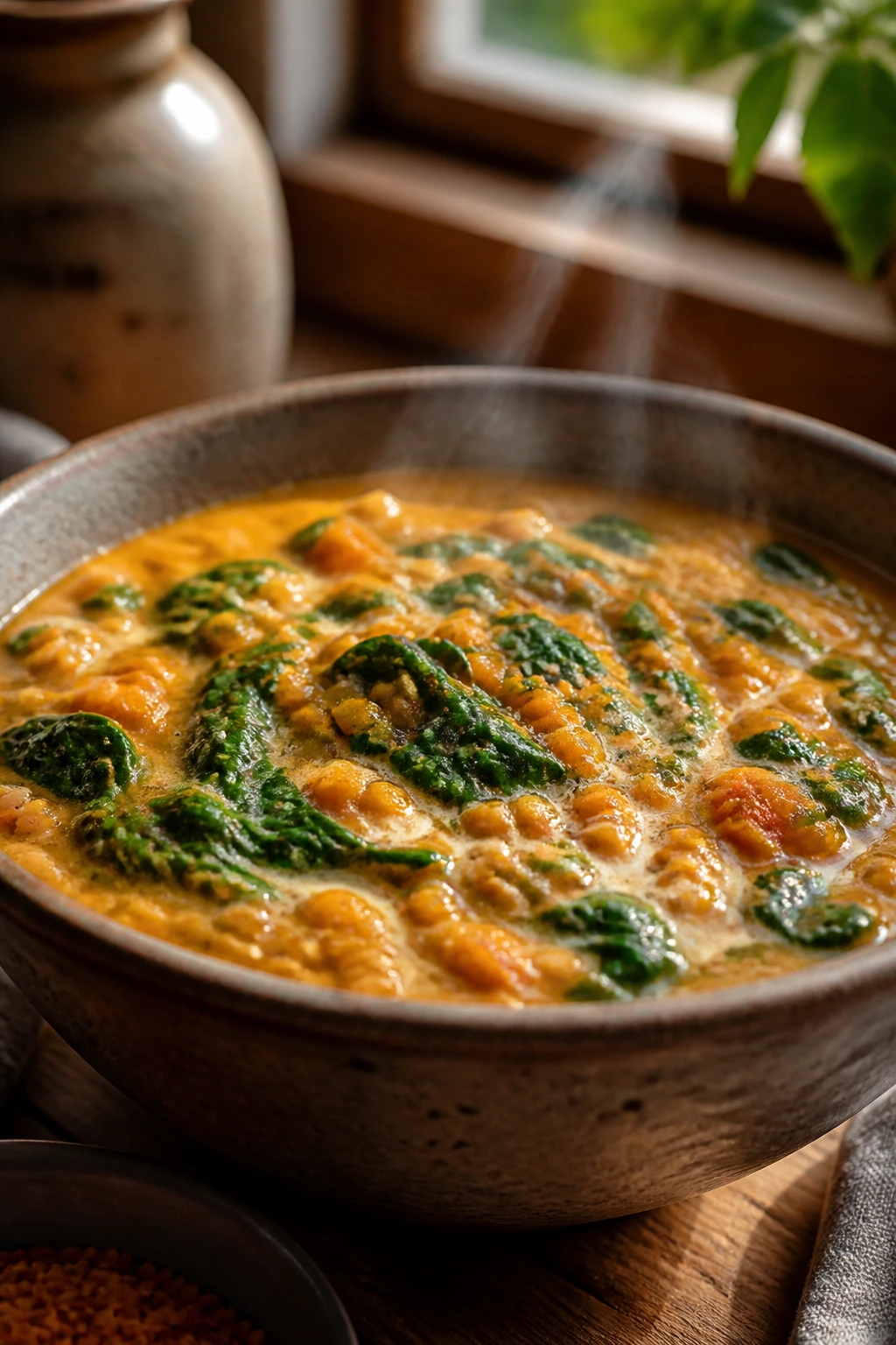 Close-up of creamy red lentil spinach stew in a rustic bowl with steam in a cozy kitchen