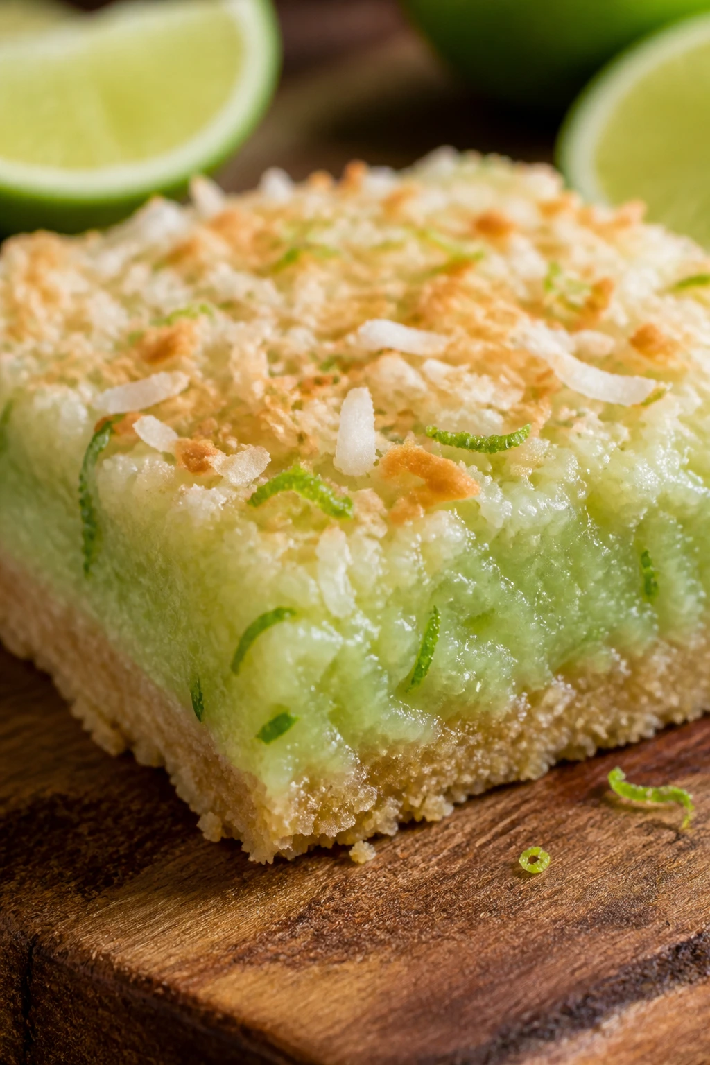 Close-up of a coconut lime bar on a wooden board