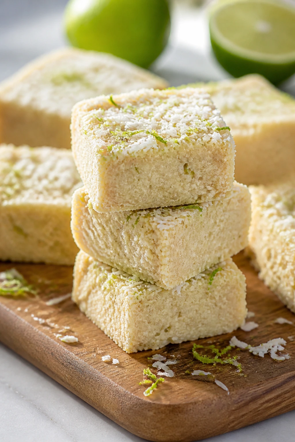 Coconut lime protein bars on cutting board with lime zest