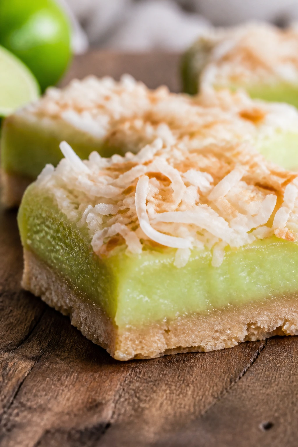Close-up of a coconut lime bar slice with coconut topping on wood.