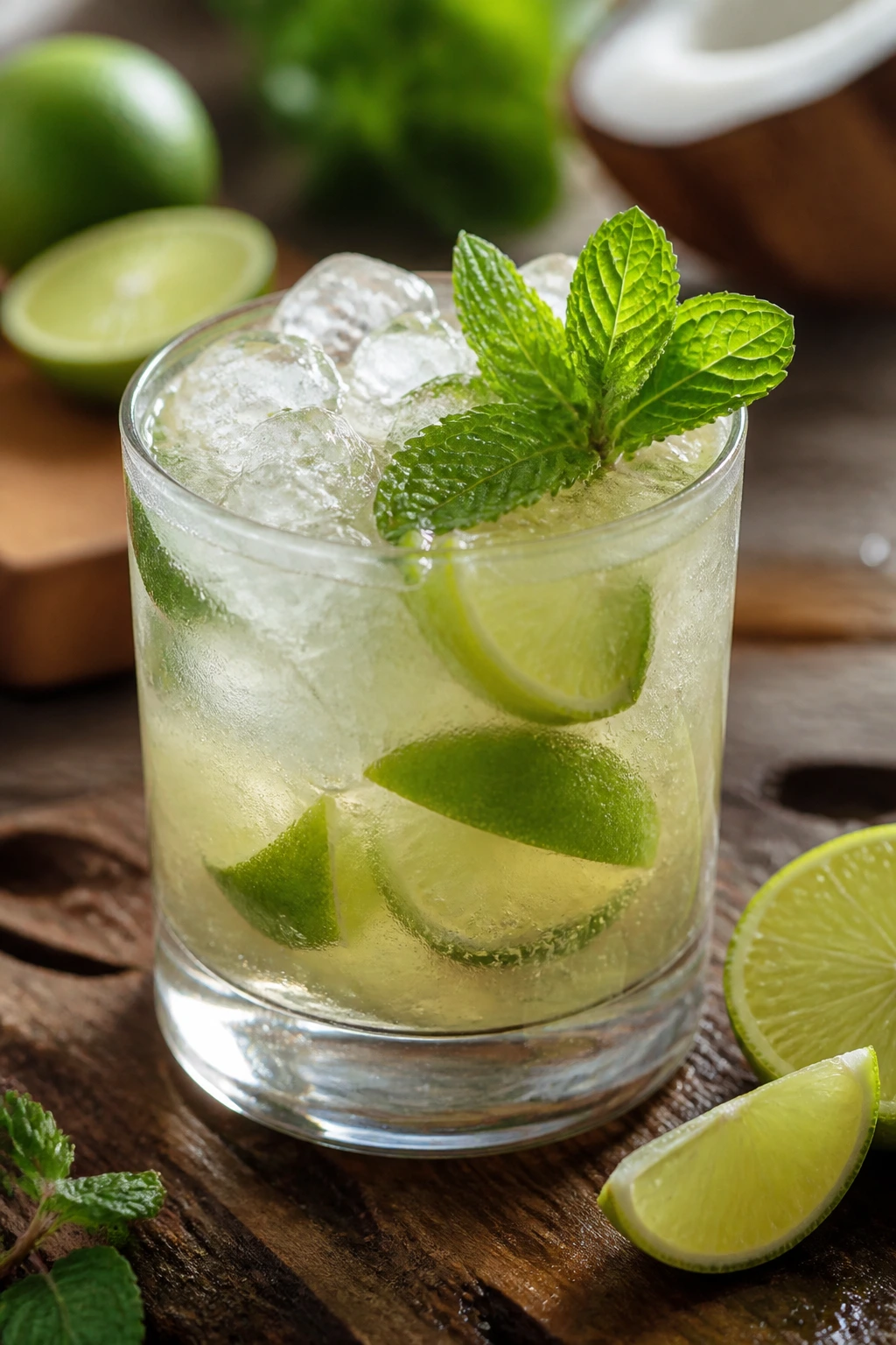 Close-up of Coconut Lime Caipirinha in a crushed-ice glass with lime wedges and mint