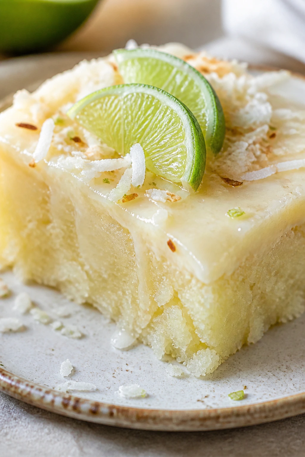 Slice of coconut lime pudding cake on a rustic plate in a bright kitchen