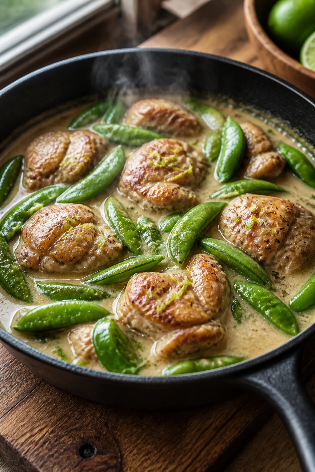 Close-up of coconut-lime chicken and sugar snap peas in glossy sauce