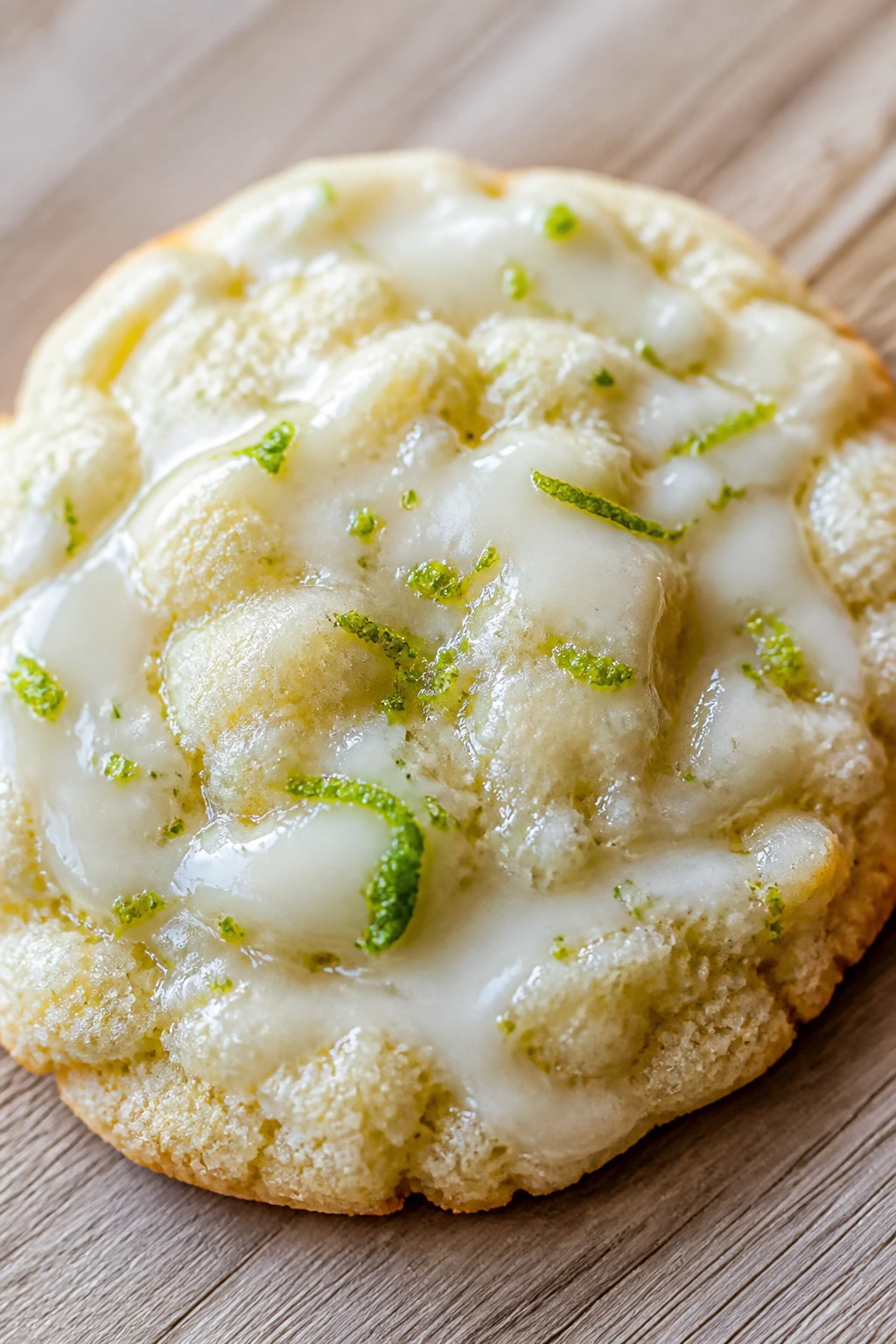 Close-up of Coconut Lime Egg Cookie with lime glaze and zest
