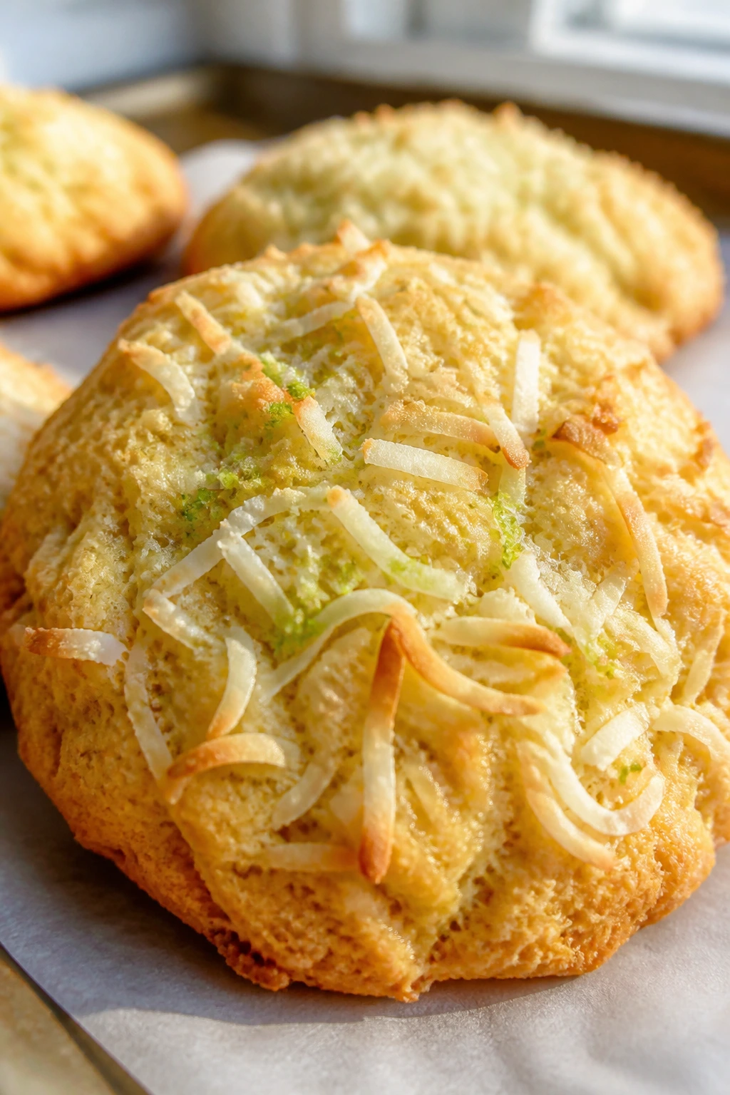 Close-up of a coconut lime cookie on parchment in bright kitchen