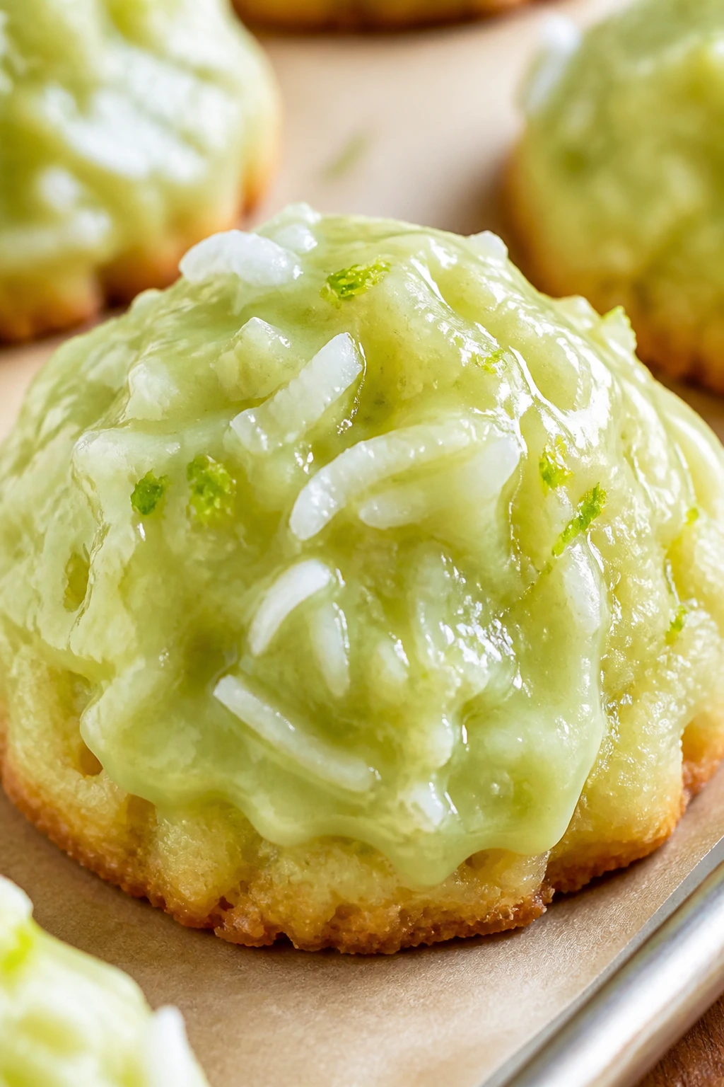 Close-up of coconut lime drop cookie with coconut texture and lime zest