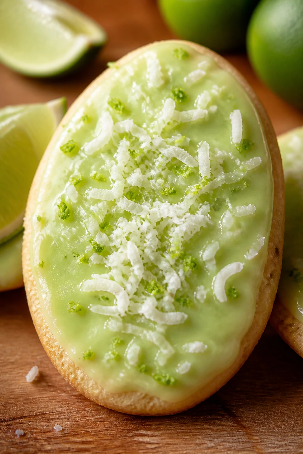 Close-up of coconut lime Easter egg cookie with coconut specks and lime glaze