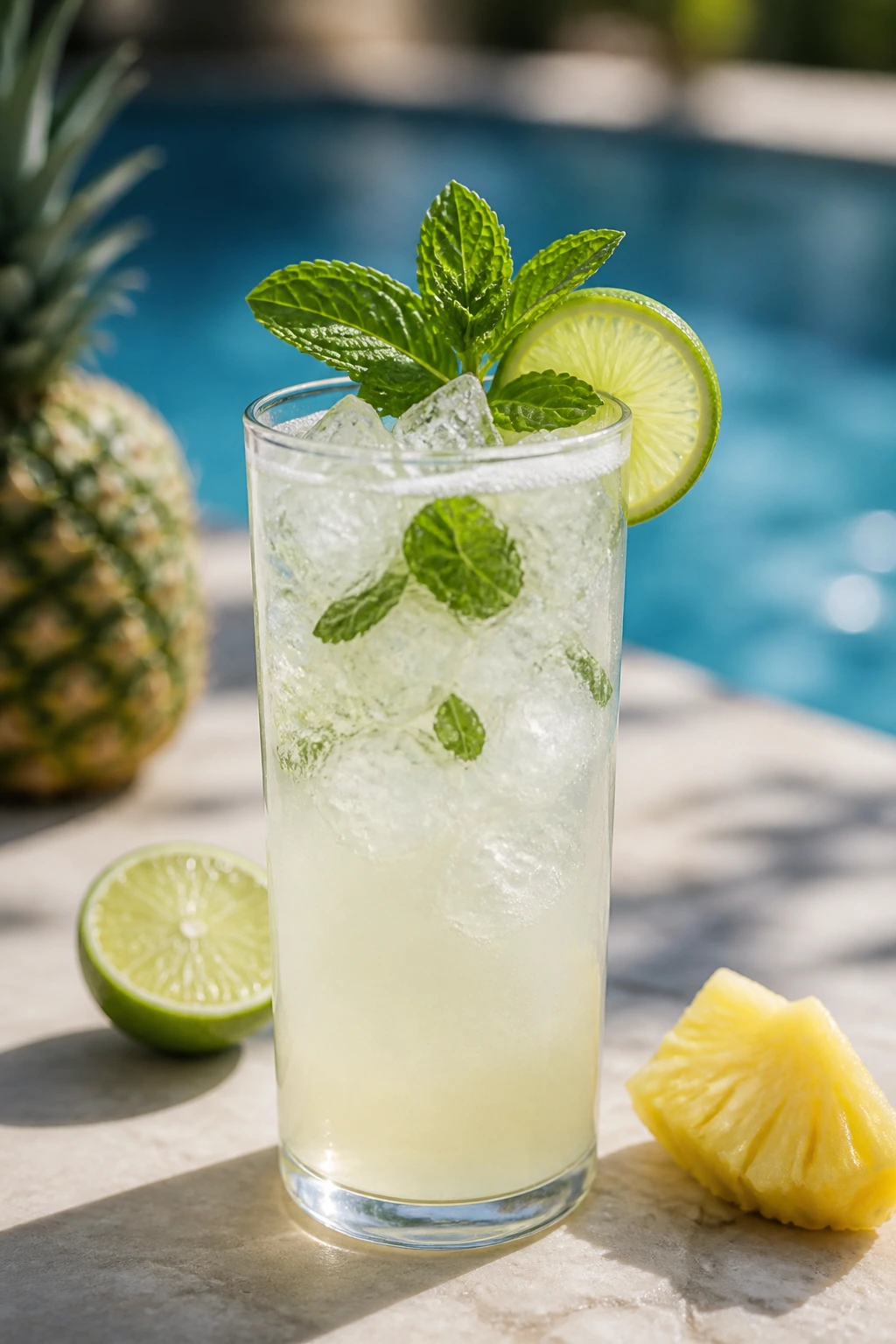 Coconut lime cooler poolside mocktail in a tall glass