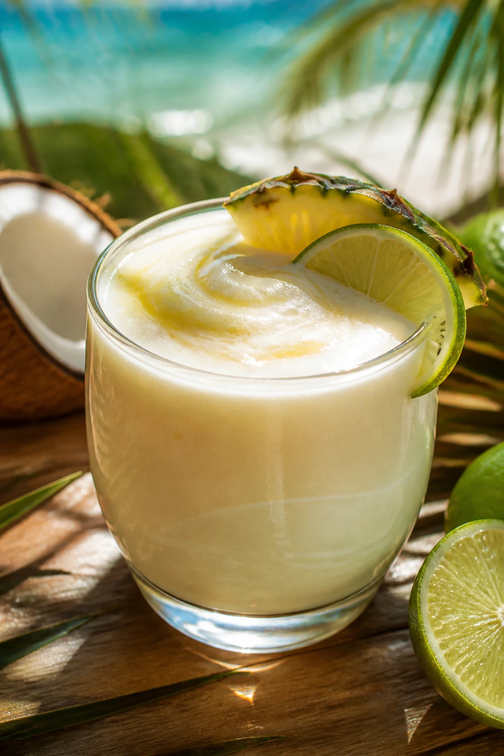 Close-up of Coconut-Lime Cream Rum Punch on a tropical table