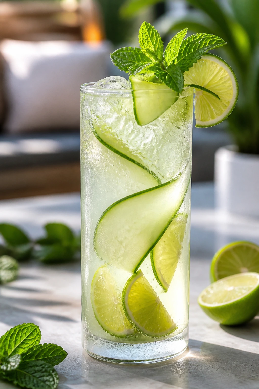Close-up of Coconut Lime Mocktail Spritz in tall glass with cucumber ribbon and mint.