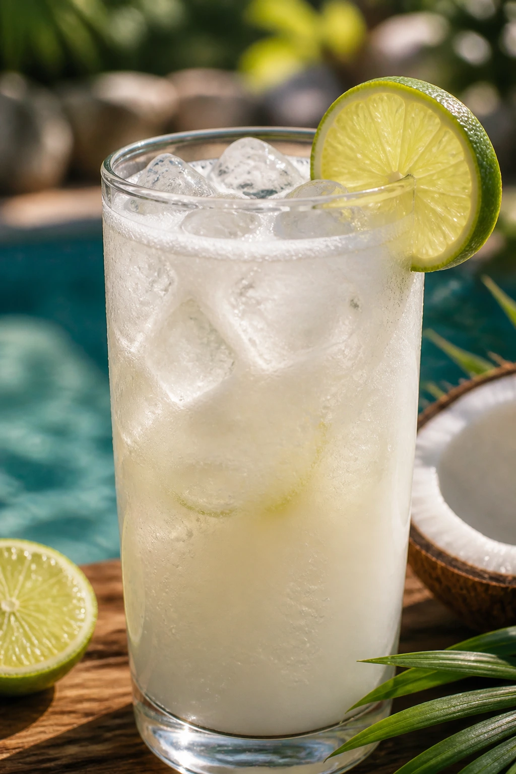 Close-up of Coconut Lime Mocktail in a glass with lime garnish outdoors